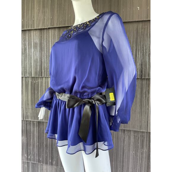 š„NWT ($120) Adrianna Papell Beaded Bishop Sleeve Sheer Chiffon Feminine Blouse - Picture 2 of 16